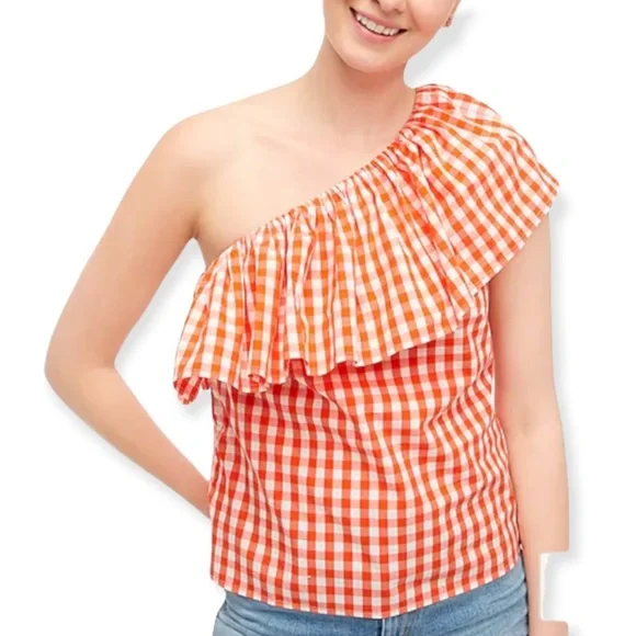 J. Crew XS Gingham Orange One Shoulder Top NWT - Picture 1 of 6